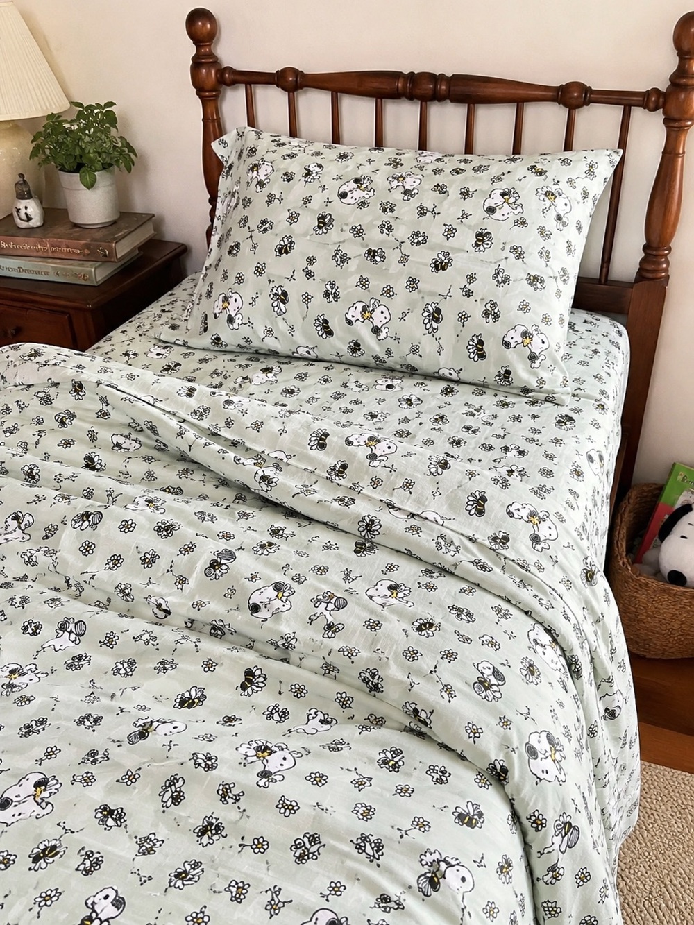 NWT Peanuts Snoopy & Woodstock Twin Sheet Set Sage Green Microfiber Berkshire